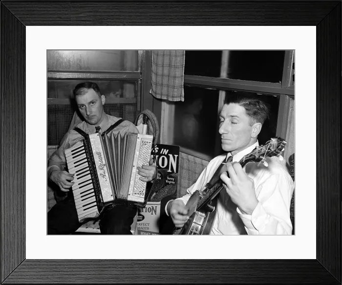 Framed Print : Music supplied by two Meeker County farmers for dance at crossroads store, one playing the accordion, one playing the banjo, Meeker County, Minnesota, photograph by John Vachon Framed Print : Music supplied by two Meeker County farmers for dance at crossroads store, one playing the accordion, one playing the banjo, Meeker County, Minnesota, photograph by John Vachon