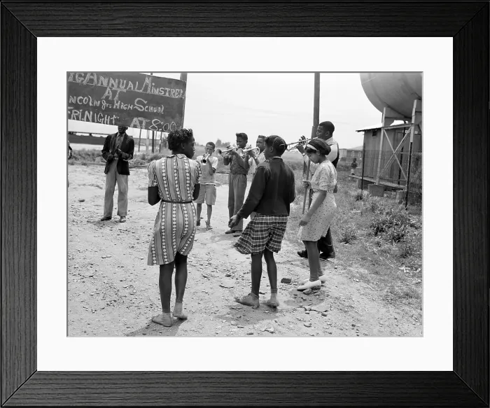 Framed Print : High school jazz band, African American teeneagers dancing and playing music, Sikeston, Missouri, photograph by John Vachon, May, 1940