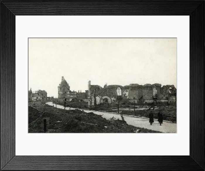 Framed Print : Rue de Lille. World War I- Postcard shows a street in Lille, France, with a ruined cathedral and other buildings, from a book of postcards titled 'Ruines d'Ypres'