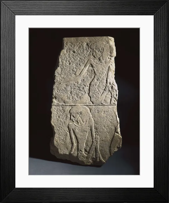 Framed Print : Stela depicting starving prisoners from Unas. 2375 - 2345 BC. Old Kingdom. 5th Dynasty. Egyptian art. Old Kingdom. Relief on rock. FRANCE. Paris. Louvre Museum. Proc: EGYPT