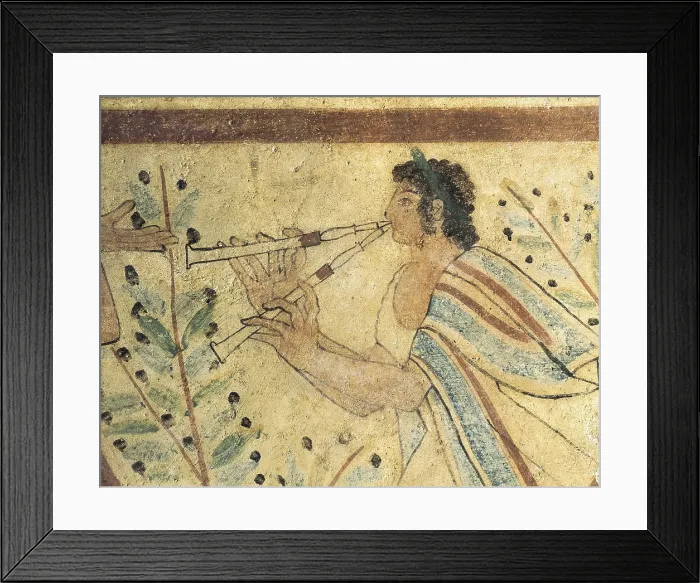 Framed Print : Tomb of the Leopards. ITALY. Tarquinia. Necropolis of Monterozzi. Tomb of the Leopards. Flute player. Etruscan art. Fresco. AISA / Everett Collection**US SALES ONLY**