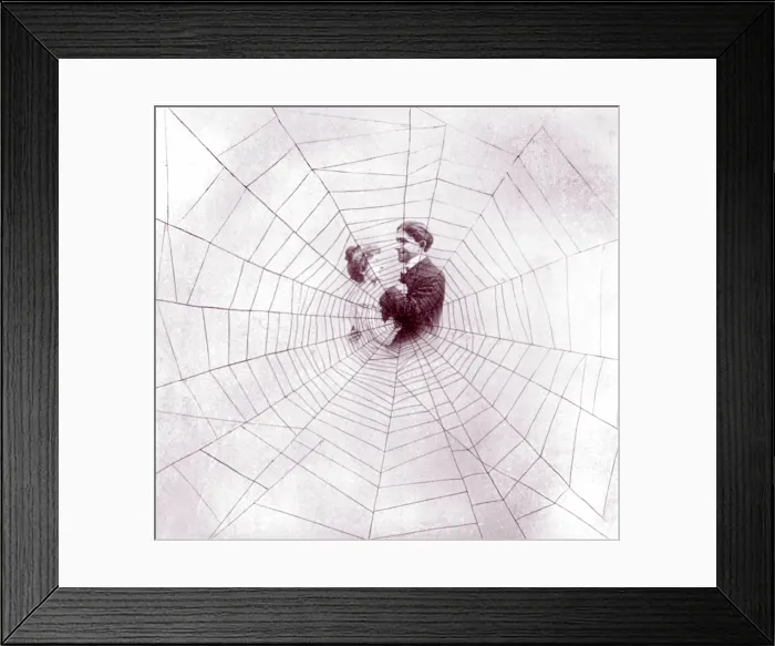 Framed Print : Man and woman in middle of spider web to illustrate the song, The Spider and the Fly, lantern slide print, circa 1901
