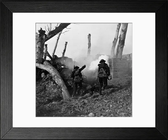 Framed Print : Three American soldiers viewed from behind, near ruins, original caption reads: At close grips with the Hun, we bomb the corkshaffer's, circa 1910s Framed Print : Three American soldiers viewed from behind, near ruins, original caption reads: At close grips with the Hun, we bomb the corkshaffer's, circa 1910s