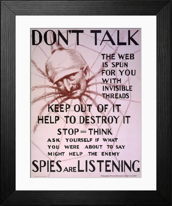Framed Print : World War I, United States poster of Kaiser Wilhelm II as a spider, text reads: Don't talk, the web is spun for you with invisible threads, keep out of it Framed Print : World War I, United States poster of Kaiser Wilhelm II as a spider, text reads: Don't talk, the web is spun for you with invisible threads, keep out of it