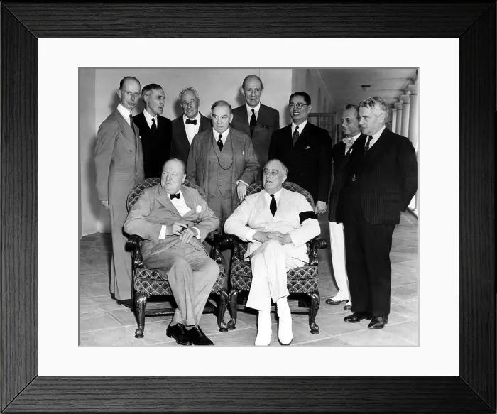 Framed Print : The Pacific War Council, front, l-r: Winston Churchill, President Franklin D. Roosevelt, back, l-r: Dr. Eelco Van Kleefens, Owen Dixon, Leighton McCarthy, W.L