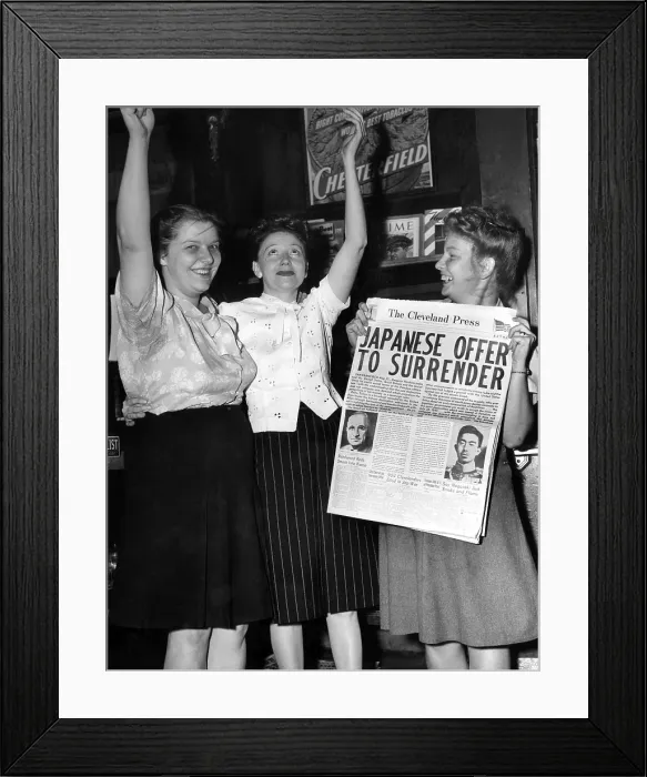 Framed Print : Women in Ohio celebrating VJ Day and the imminent end of World War II. The Cleveland Press headline reads Japanese Offer to Surrender': August 1945 Framed Print : Women in Ohio celebrating VJ Day and the imminent end of World War II. The Cleveland Press headline reads Japanese Offer to Surrender': August 1945