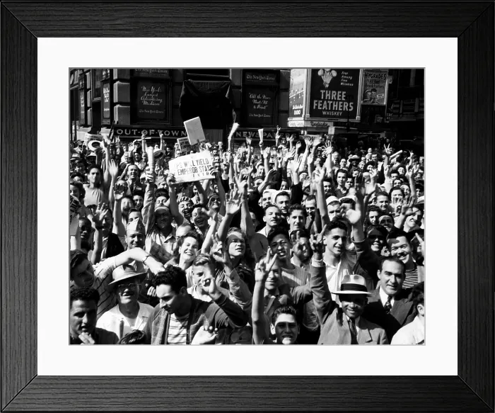 Framed Print : New Yorkers celebrating VJ Day and the prospect of an end to World War II, Times Square. The newspaper headline reads: Japs Will Yield If Emperor Stays, August 1945 Framed Print : New Yorkers celebrating VJ Day and the prospect of an end to World War II, Times Square. The newspaper headline reads: Japs Will Yield If Emperor Stays, August 1945