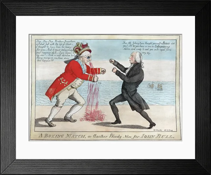 Framed Print : James Madison, A boxing match, or another bloody nose for John Bull, political cartoon ca. War of 1812, ca. 1813