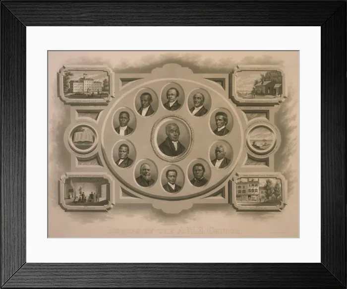 Framed Print : Richard Allen (1760-1831) and other African Methodist Episcopal bishops, surrounded by scenes including Wilberforce University, Payne Institute, missionaries in Haiti