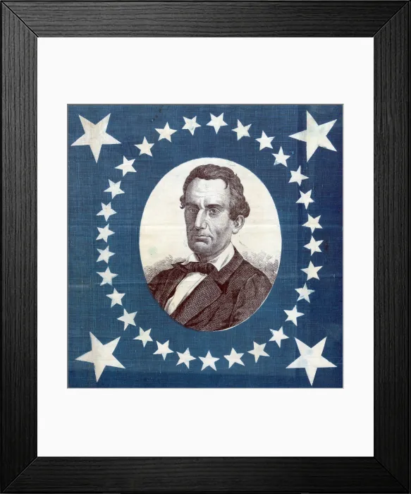 Framed Print : Abraham Lincoln, detail of a campaign banner from the Prsidential election of 1860. Woodcut print on cloth, 1860