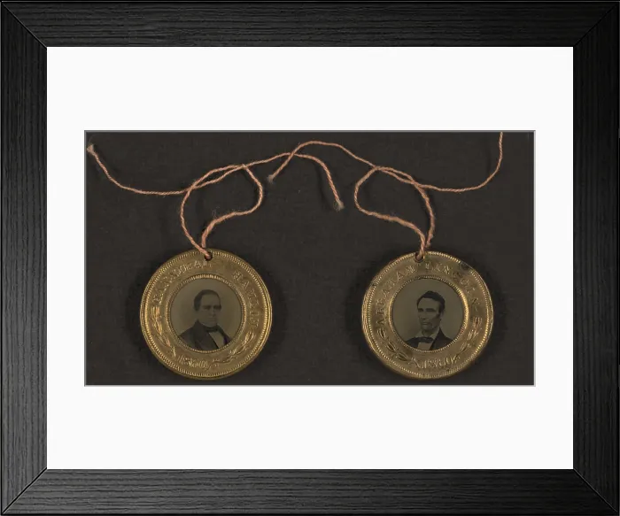 Framed Print : Campaign button for 1860 presidential election showing bust tintype portrait of Abraham Lincoln and Vice Presidential candidate, Hannibal Hamlin. 1860 Framed Print : Campaign button for 1860 presidential election showing bust tintype portrait of Abraham Lincoln and Vice Presidential candidate, Hannibal Hamlin. 1860