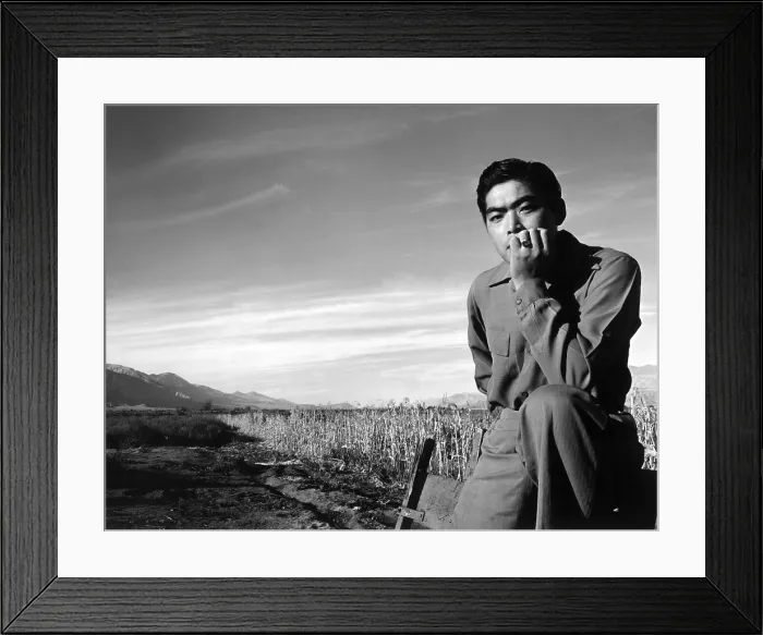 Framed Print : World War II, Tom Kobayashi, Landscape, Manzanar Relocation Center, California, showing fields in background. California. photograph by Ansel Adams. 1943 Framed Print : World War II, Tom Kobayashi, Landscape, Manzanar Relocation Center, California, showing fields in background. California. photograph by Ansel Adams. 1943