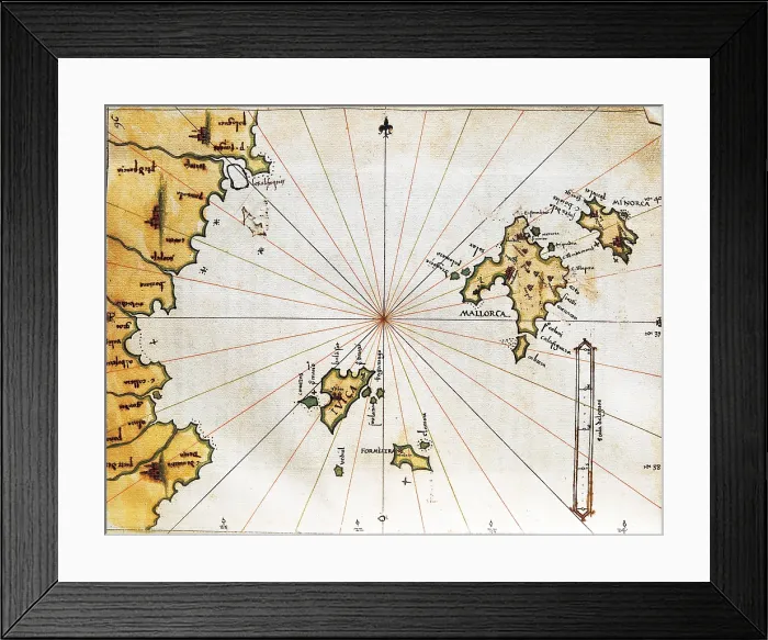 Framed Print : Islario general de todas las islas del mundo ('Islands world map'), 1560. Alonso de Santa Cruz's work, commissioned by Philip II. Balearic islands. SPAIN. Madrid