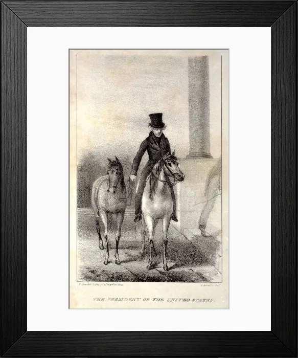 Framed Print : The president of the United States. Andrew Jackson, on horseback with another horse in tow, arriving at the White House, lithograph ca. 1829