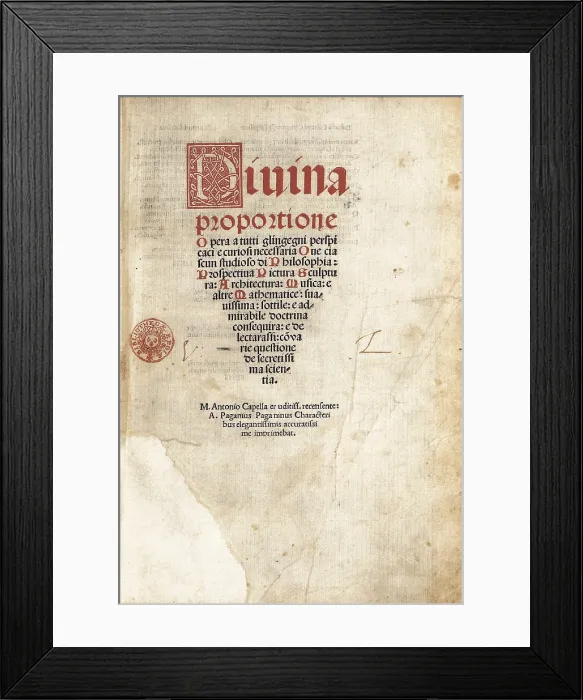 Framed Print : PACIOLI, Luca (1445-1510). Italian mathematician an clergyman. De Divina Proportione. Treatise on Mathematics. Title page, 1509. FRANCE. Paris. National Library Framed Print : PACIOLI, Luca (1445-1510). Italian mathematician an clergyman. De Divina Proportione. Treatise on Mathematics. Title page, 1509. FRANCE. Paris. National Library