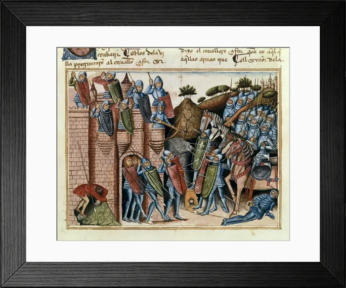 Framed Print : Book of Knight Zifar. ca. 1300. First adventures tale written in Spanish. Page depicting a city's conquest. Manuscript from Paris Ms.36, 1464. Gothic art. Miniature Painting Framed Print : Book of Knight Zifar. ca. 1300. First adventures tale written in Spanish. Page depicting a city's conquest. Manuscript from Paris Ms.36, 1464. Gothic art. Miniature Painting