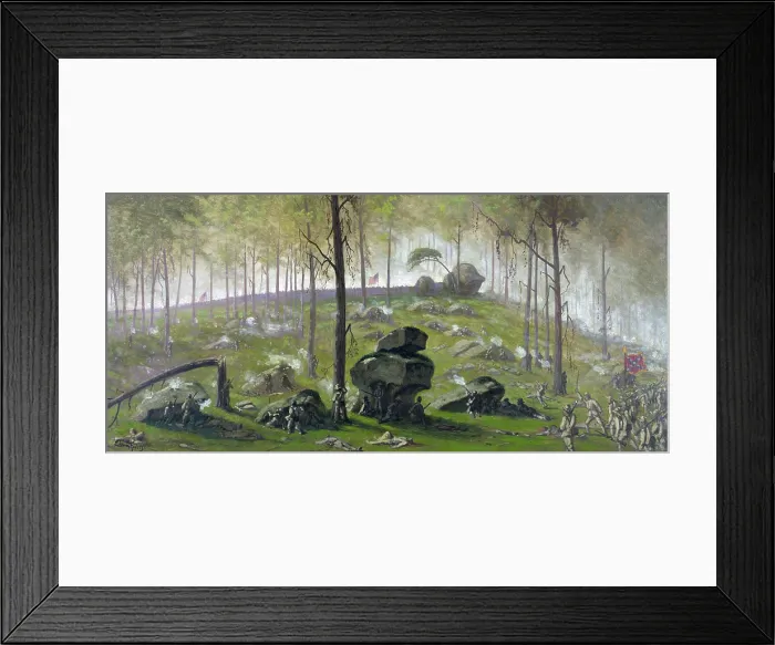 Framed Print : The Civil War. The Battle of Gettysburg. Attack of Johnston's Div. C.S.A. on the breastworks on Culps Hill, half past seven P.M. July 2nd 1863 oil on paper by Edwin Forbes