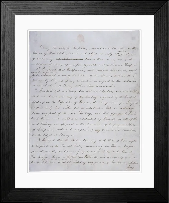 Framed Print : Compromise of 1850. Resolution introduced by Senator Henry Clay. Henry Clay's handwritten draft. 1850 Framed Print : Compromise of 1850. Resolution introduced by Senator Henry Clay. Henry Clay's handwritten draft. 1850