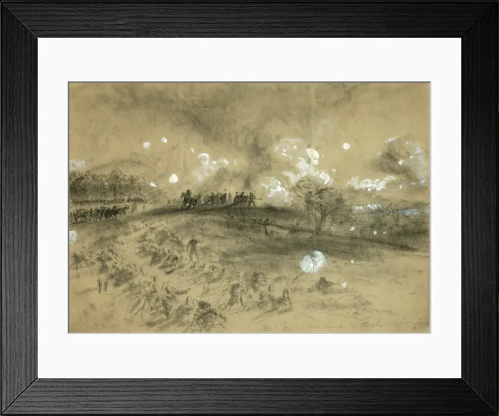 Framed Print : he Civil War. The Battle of Gettysburg. Part of Ward's line, Kershaw attacking. A.R. Waud. 1863