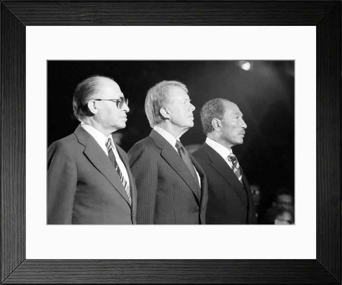 Framed Print : Camp David Accords. Israeli prime minister Menachem Begin (L), US President Jimmy Carter (center), Egyptian president Anwar Sadat (R). Camp David, Maryland. September 7, 1978