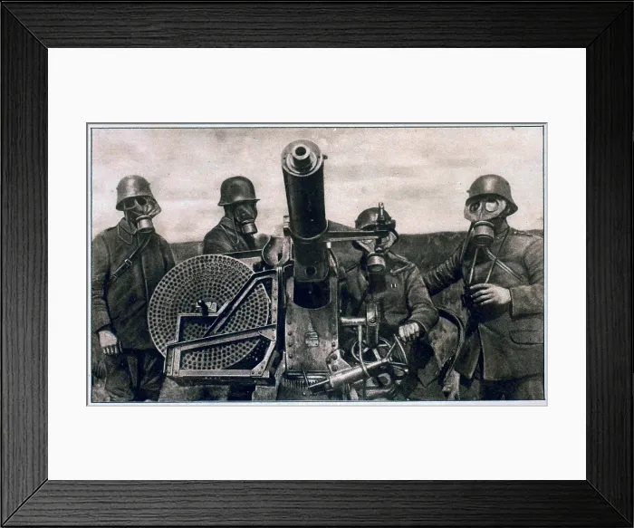 Framed Print : German anti-aircraft gunners with gas masks, ca. 1914-1918