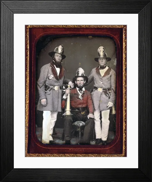 Framed Print : Firemen, foremen, Phoenix Fire Company and Mechanic Fire Company, Charleston, South Carolina, hand colored quarter-plate daguerreotype, 1855