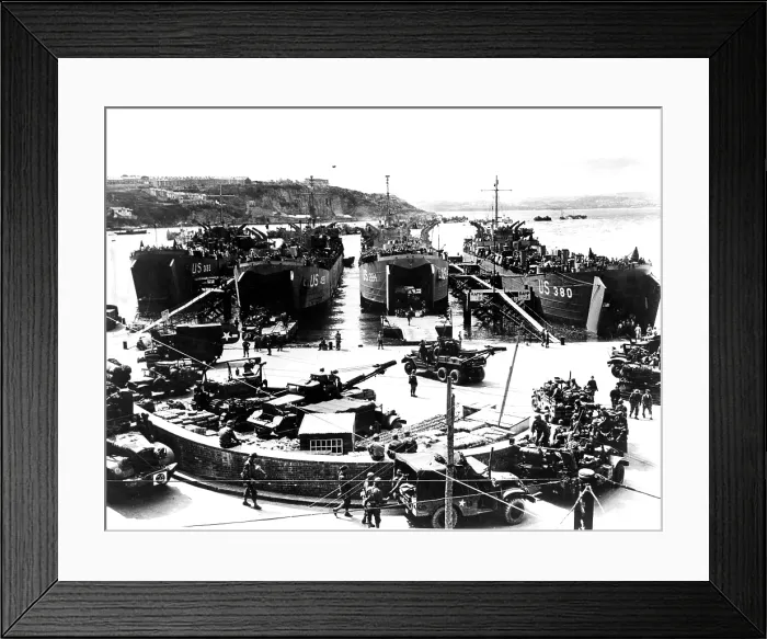 Framed Print : NORMANDY, scene near American embarkation part in Plymouth, England, as landing barges were being loaded for the trip across the English Channel to France Framed Print : NORMANDY, scene near American embarkation part in Plymouth, England, as landing barges were being loaded for the trip across the English Channel to France