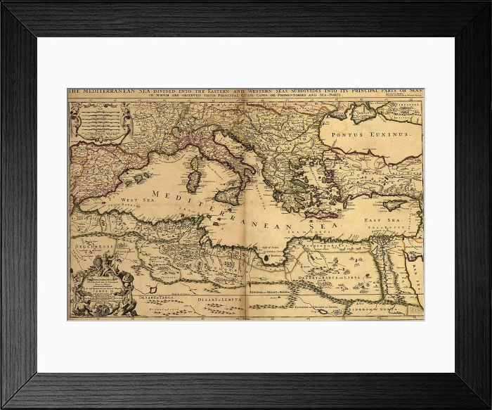 Framed Print : 1685 map of the Mediterranean Sea and coastal lands Framed Print : 1685 map of the Mediterranean Sea and coastal lands