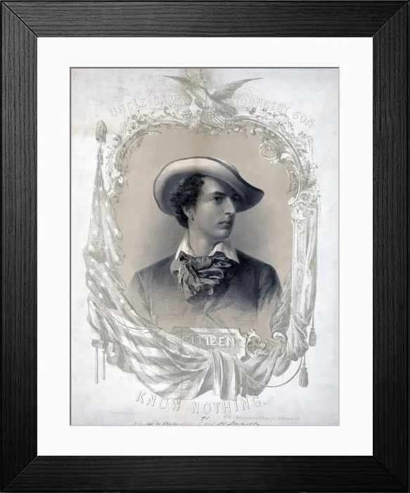 Framed Print : Uncle Sam's youngest son, Citizen Know Nothing. A portrait of a young man representing the nativist ideal of the Know Nothing party. 1854 Framed Print : Uncle Sam's youngest son, Citizen Know Nothing. A portrait of a young man representing the nativist ideal of the Know Nothing party. 1854
