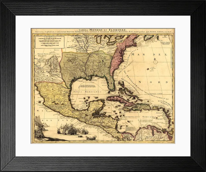 Framed Print : 1710 Dutch map of North America and the Caribbean, with major political divisions and detail of cities and settlements