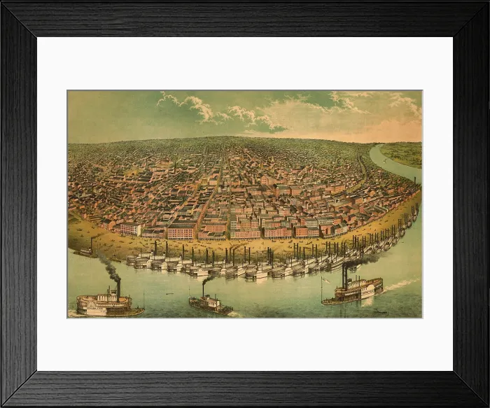 Framed Print : St. Louis, Missouri, as seen from above the Mississippi River. 1850s bird's eye view shows the active waterfront with steamboats. St