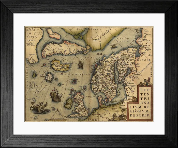 Framed Print : 1570 map of Northwest Europe and The North Atlantic Ocean. From Abraham Ortelius atlas, 'Theatrvm orbis terrarvm.' Framed Print : 1570 map of Northwest Europe and The North Atlantic Ocean. From Abraham Ortelius atlas, 'Theatrvm orbis terrarvm.'