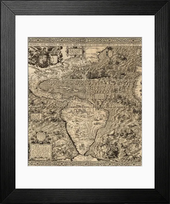 Framed Print : 1562 map of North and South America by Spaniard, Diego Gutirrez. Map features not only the Amazon River system, Lake Titicaca, and an erupting volcano in central Mexico Framed Print : 1562 map of North and South America by Spaniard, Diego Gutirrez. Map features not only the Amazon River system, Lake Titicaca, and an erupting volcano in central Mexico