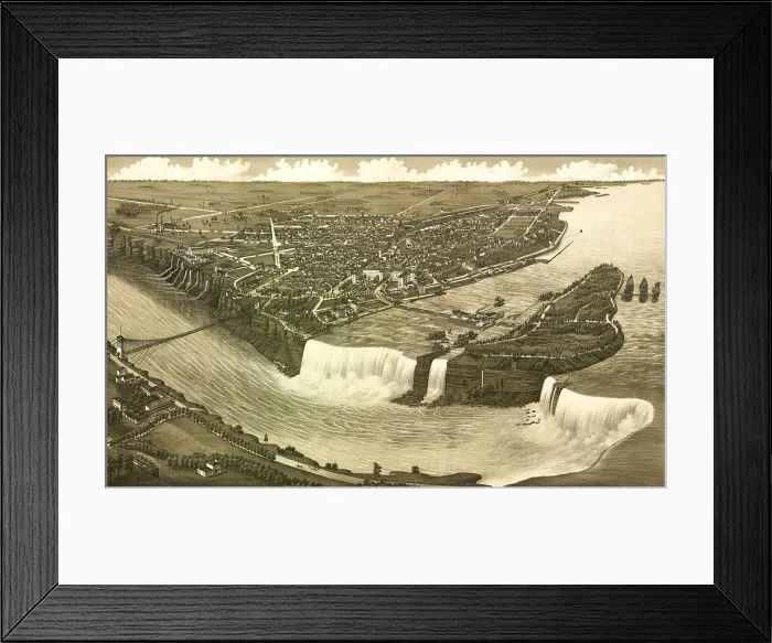 Framed Print : Niagara Falls, with factories using the River's hydroelectric potential, and river water flowing from manmade channels in the Niagara Gorge walls. 1882 Framed Print : Niagara Falls, with factories using the River's hydroelectric potential, and river water flowing from manmade channels in the Niagara Gorge walls. 1882