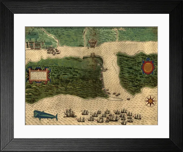 Framed Print : St. Augustine, Florida, showing Sir Francis Drakes ships attacking the Spanish fortifications. This is the earliest image of St