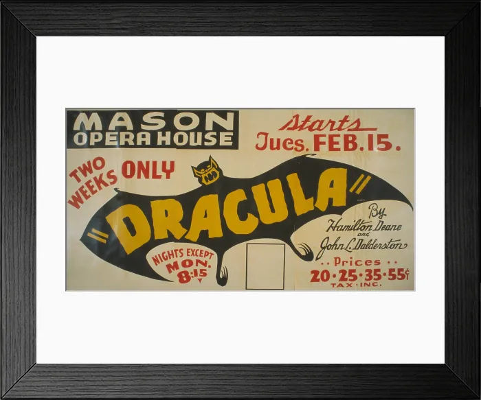 Framed Print : Poster for Federal Theatre Project presentation of Dracula at the Mason Opera House, showing a large bat, original title: Dracula by Hamilton Deane and John L Framed Print : Poster for Federal Theatre Project presentation of Dracula at the Mason Opera House, showing a large bat, original title: Dracula by Hamilton Deane and John L