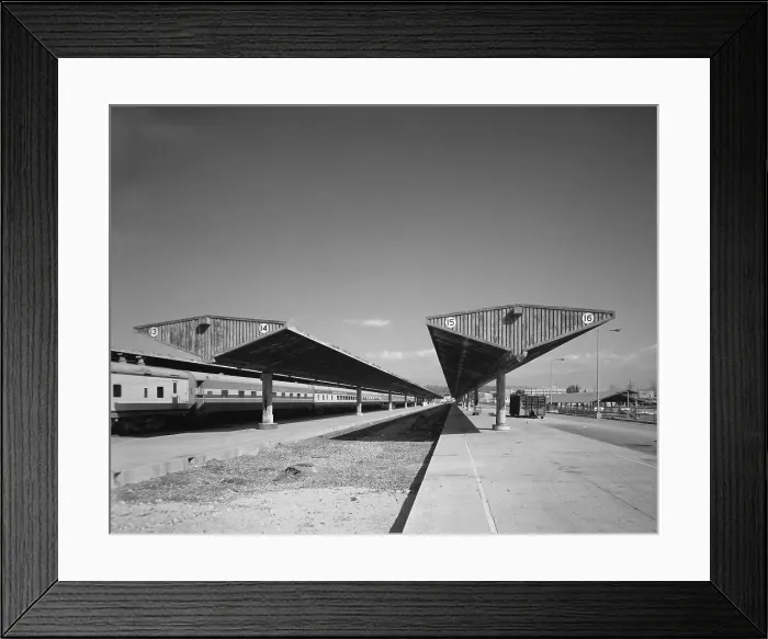 Framed Print : Los Angeles Union Passenger Terminal, tracks and shed, view to north of track beds and canopies, 800 North Alameda Street, Los Angeles, California, photograph circa 1970s