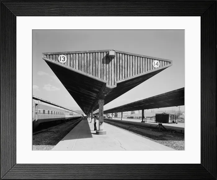 Framed Print : Los Angeles Union Passenger Terminal, tracks and shed, view to north detail of canopy, 800 North Alameda Street, Los Angeles, California, photograph circa 1970s Framed Print : Los Angeles Union Passenger Terminal, tracks and shed, view to north detail of canopy, 800 North Alameda Street, Los Angeles, California, photograph circa 1970s
