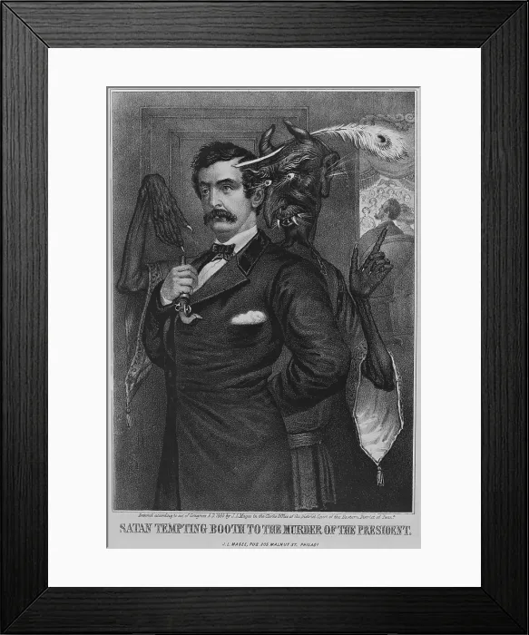 Framed Print : John Wilkes Booth, is goaded by a Mephistophelian figure to shoot President Abraham Lincoln, who is visible in a theater box beyond (right) Framed Print : John Wilkes Booth, is goaded by a Mephistophelian figure to shoot President Abraham Lincoln, who is visible in a theater box beyond (right)