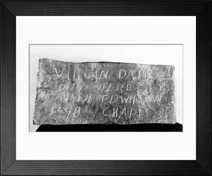 Framed Print : The grave marker of Virginia Dare, the first European Christian born in America on August 18, 1587. Photograph, January 5, 1924 Framed Print : The grave marker of Virginia Dare, the first European Christian born in America on August 18, 1587. Photograph, January 5, 1924