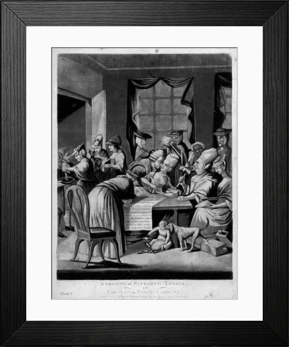 Framed Print : A satire of American women from Edenton, North Carolina, pledging to boycott English tea in response to Continental Congress resolution in 1774 to boycott English goods Framed Print : A satire of American women from Edenton, North Carolina, pledging to boycott English tea in response to Continental Congress resolution in 1774 to boycott English goods