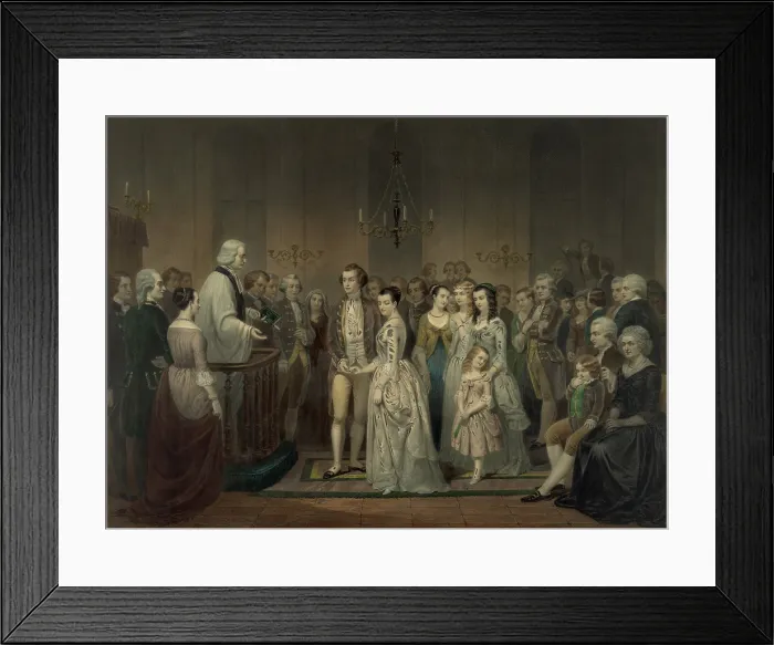 Framed Print : Wedding of George Washington and Martha Dandridge Custis on January 6, 1759 at her estate in Virginia. 1854 lithograph Framed Print : Wedding of George Washington and Martha Dandridge Custis on January 6, 1759 at her estate in Virginia. 1854 lithograph
