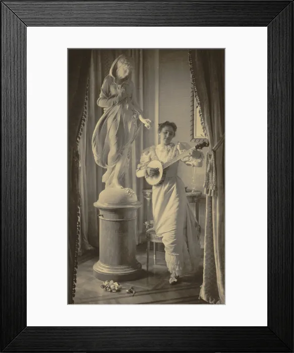 Framed Print : Miss Apperson playing banjo beside statue of Flora in Sen. George Hearst's residence, Washington, D.C. 1895 photo by Frances Benjamin Johnston Framed Print : Miss Apperson playing banjo beside statue of Flora in Sen. George Hearst's residence, Washington, D.C. 1895 photo by Frances Benjamin Johnston