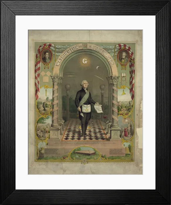 Framed Print : George Washington in Masonic attire, holding scroll and trowel, c. 1866