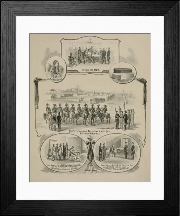 Framed Print : Commemorative print depicting the trial and execution of militant abolitionist, John Brown in 1859