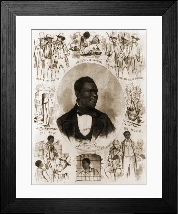 Framed Print : Portrait and illustrations of fugitive slave Anthony Burns escape to Boston, his trial, and subsequent return to slavery in Virginia under the Fugitive Slave Act in 1854