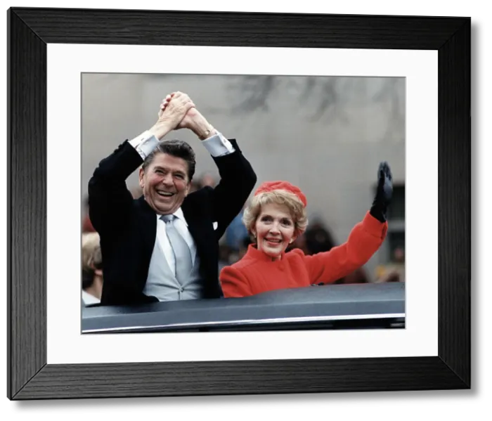 Framed Print : President Ronald Reagan and First Lady Nancy Reagan waving from the limousine during the Inaugural Parade in Washington, D.C. on Inauguration Day, 1981