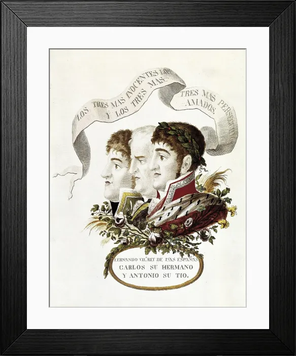 Framed Print : Fernado VII (right)his brother Carlos Mara Isidro (left) and his uncle Antonio Pascual de Borbn y Sajonia. Engraving. SPAIN. Madrid. Museo de Historia