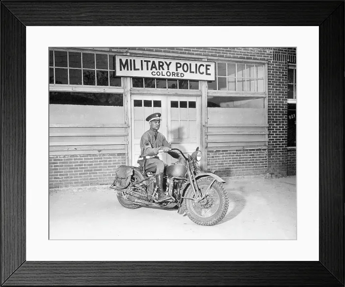 Framed Print : A Military Police officer posed on his motorcycle before making his rounds. Columbus, Georgia, ca. 1942-1954