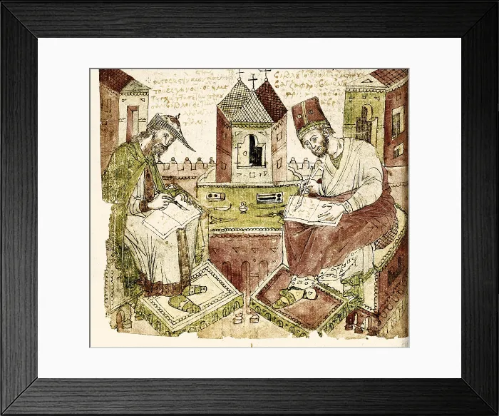 Framed Print : Treatise on medicine14th - 15th centuries. Representation of two doctors (detail).. Renaissance art. Miniature Painting. SPAIN. Madrid. National Library
